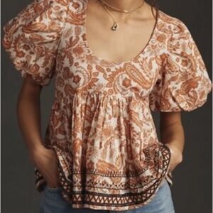 Anthropologie Terracotta and Cream Paisley Blouse